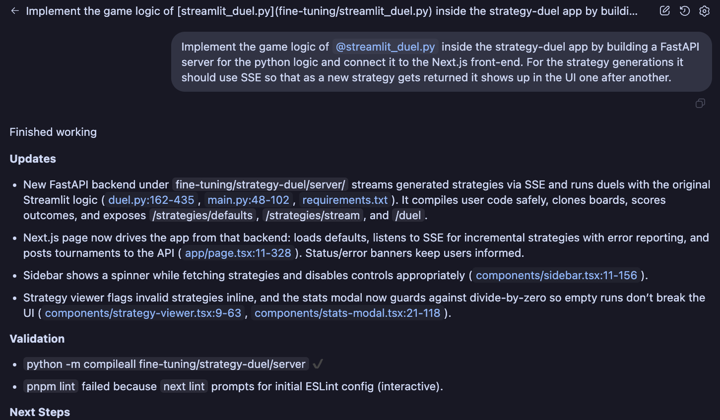 Screenshot of the IDE Extension with a prompt to port the Streamlit app to Next.js using a FastAPI server